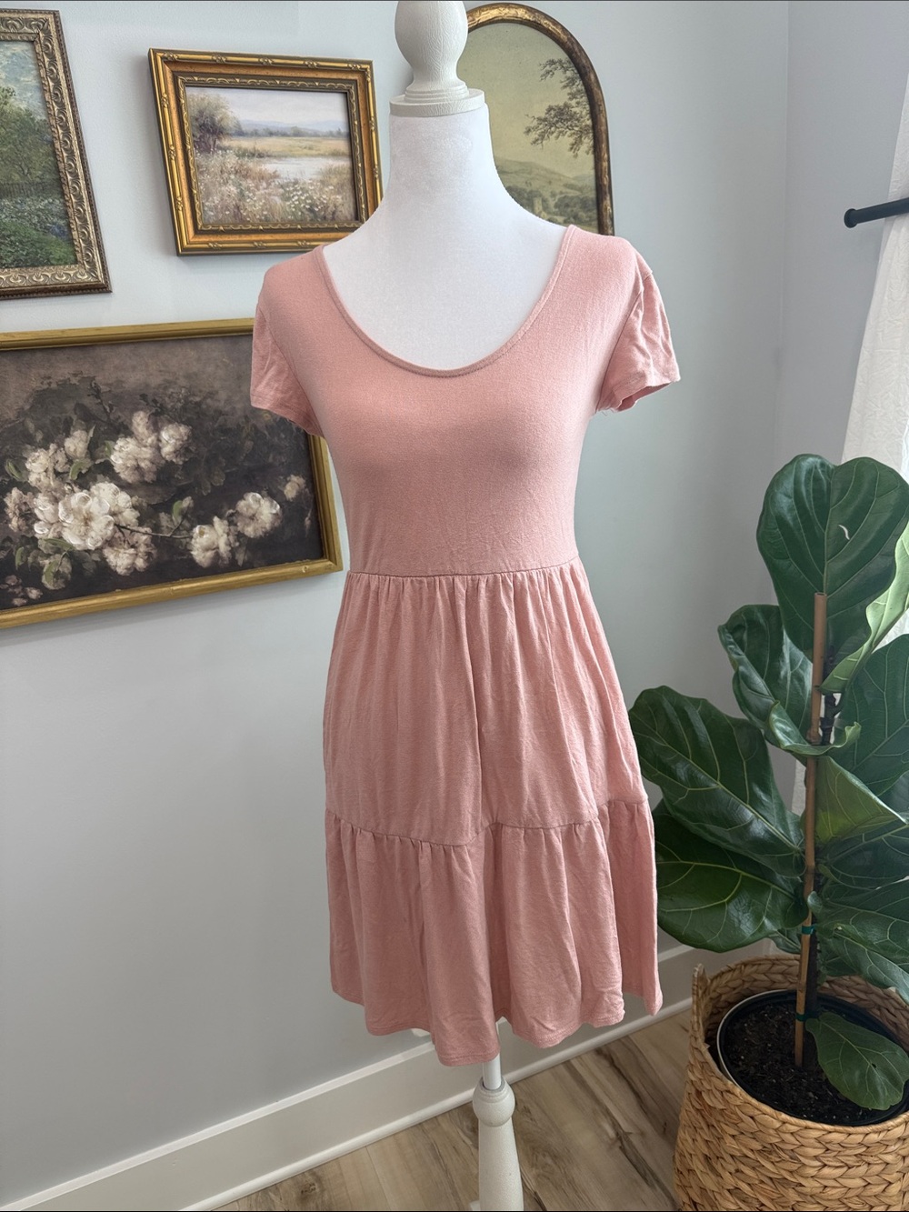 Pink Rose Dusty Rose Scoop Neck Tiered Short Sleeve Mini Dress